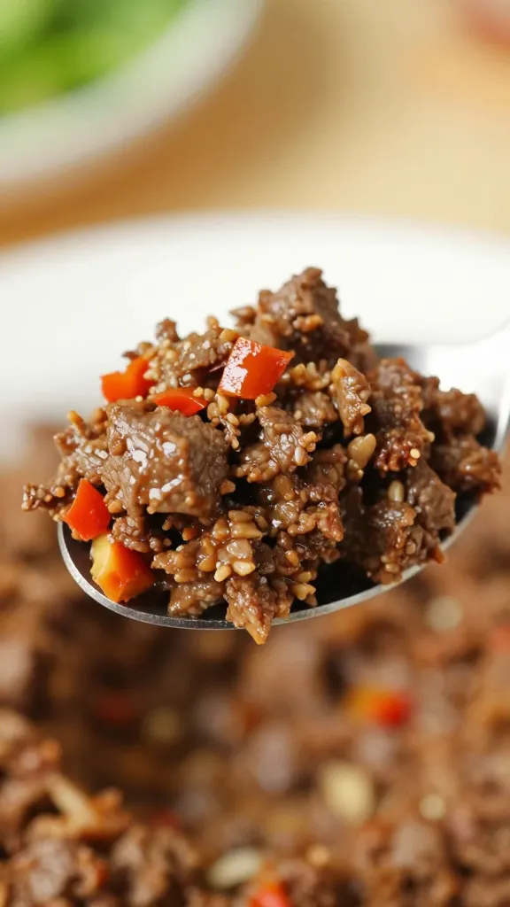 spoonful of savory beef filling, shallow depth of field