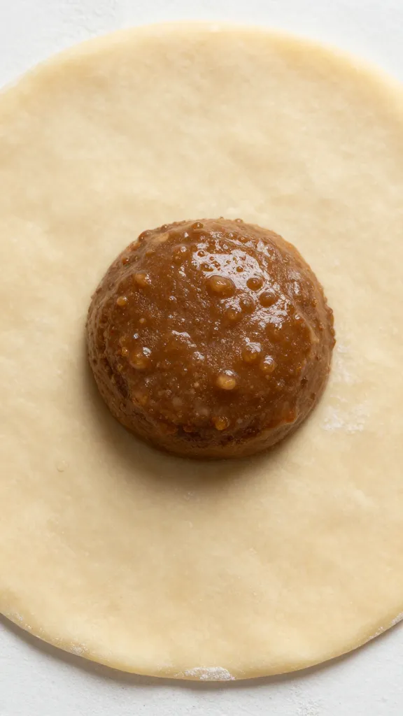 pastry dough round with filling centered, macro shot