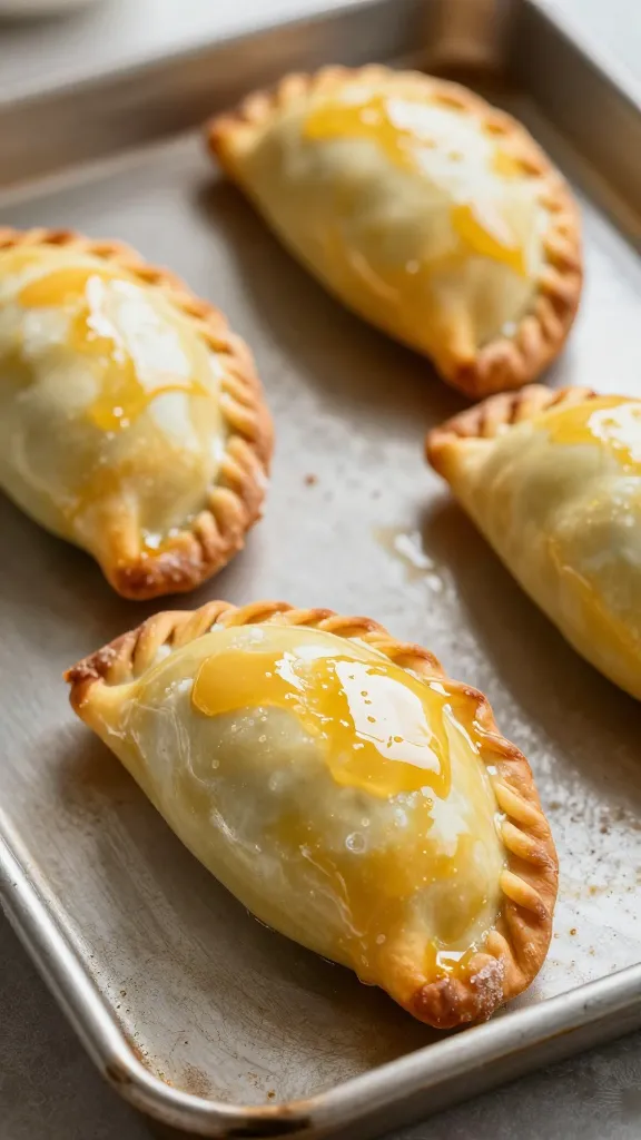 egg-washed empanada gleaming on baking tray
