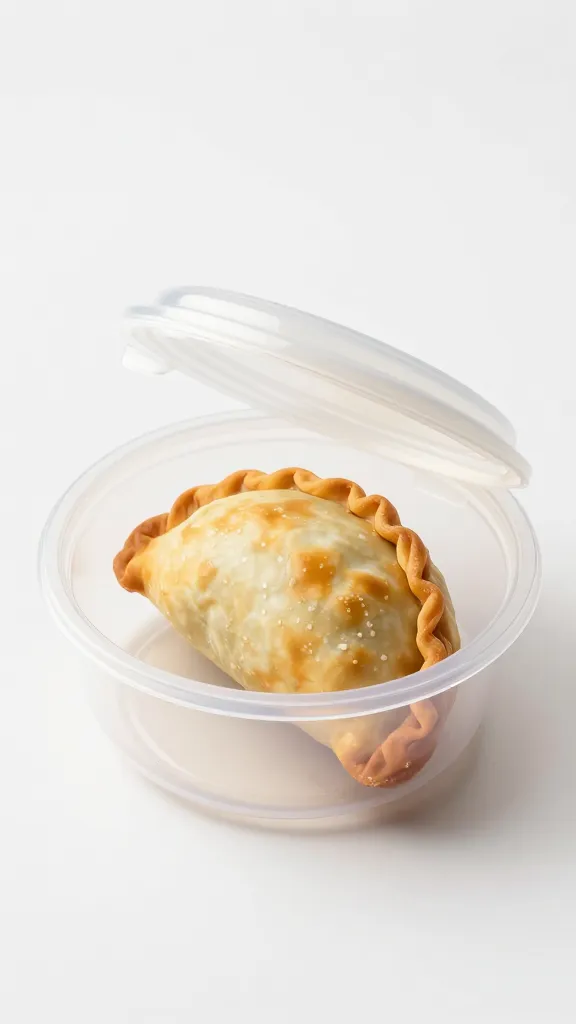 small airtight container holding one empanada, lid ajar