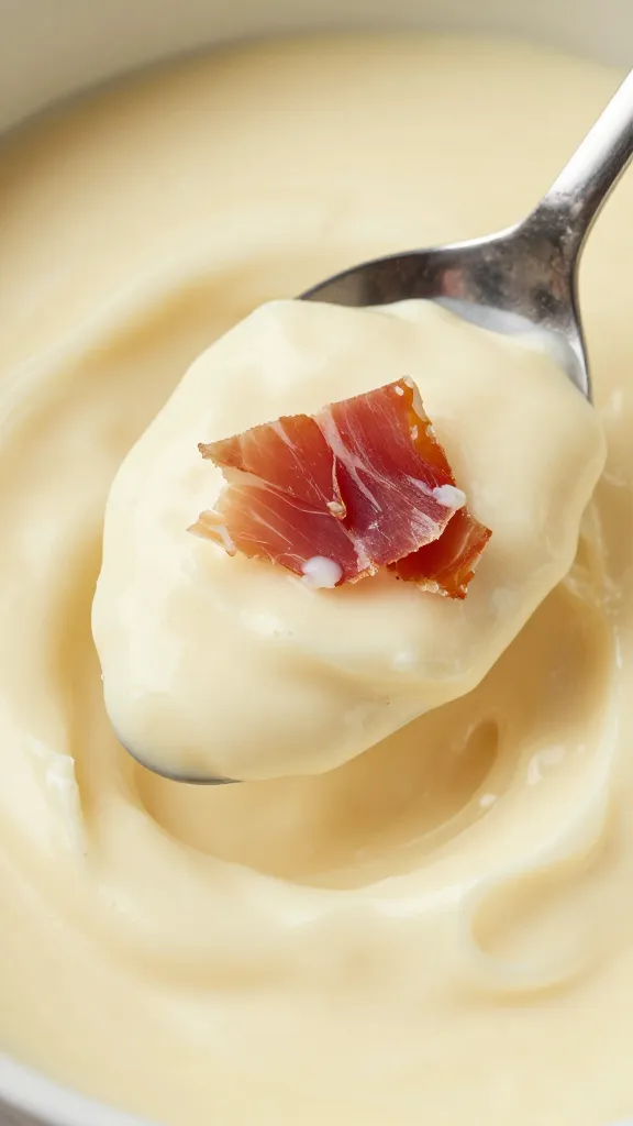 serrano ham–studded béchamel filling, spoon closeup