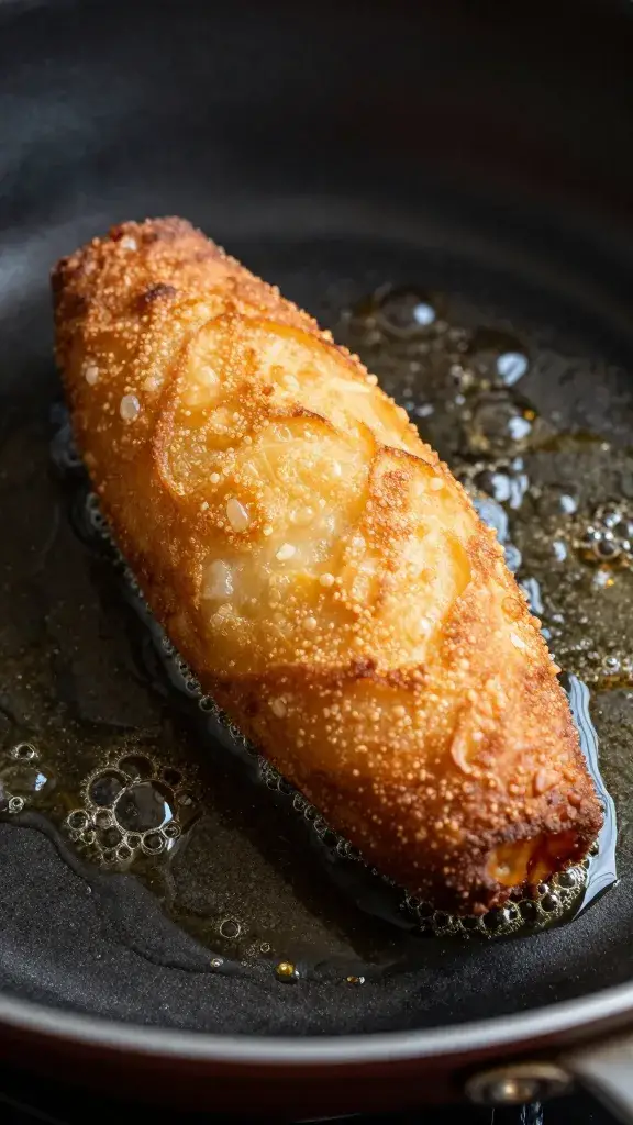 skillet with one frying croqueta, oil bubbles closeup
