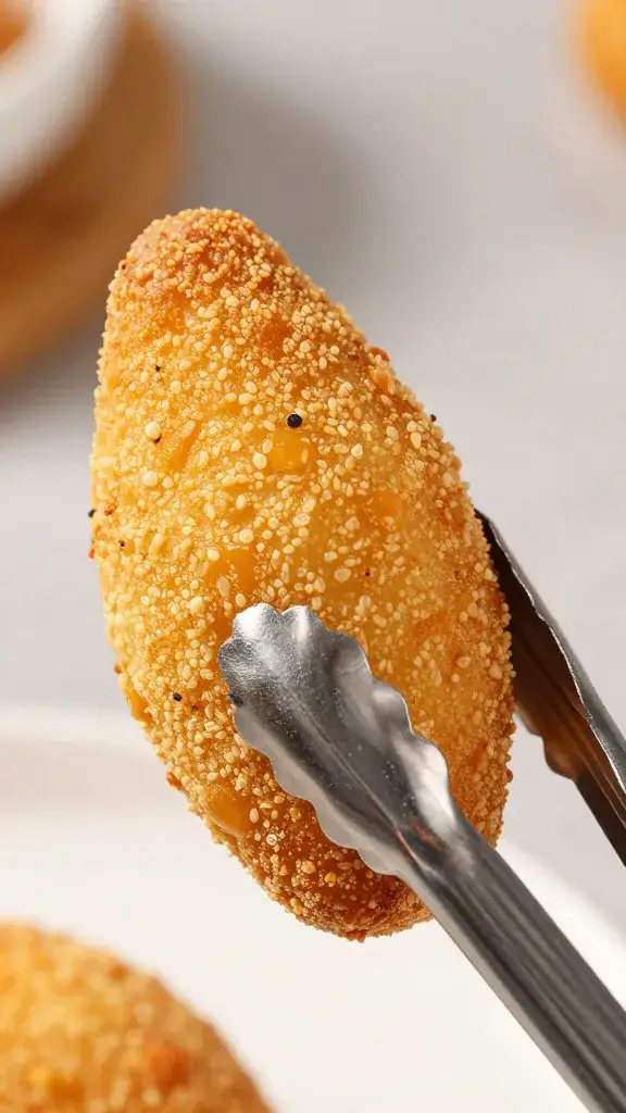 panko-coated croqueta held with tongs, macro detail