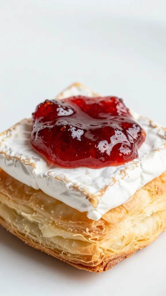 closeup of brie puff pastry bite with fig jam drizzle