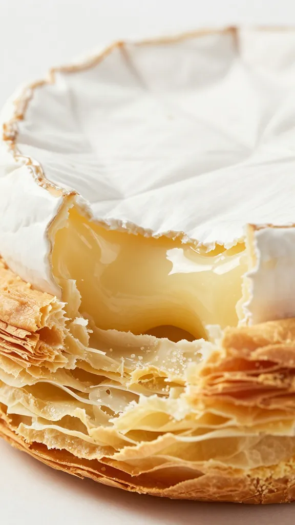flaky pastry layers tearing to reveal brie, macro