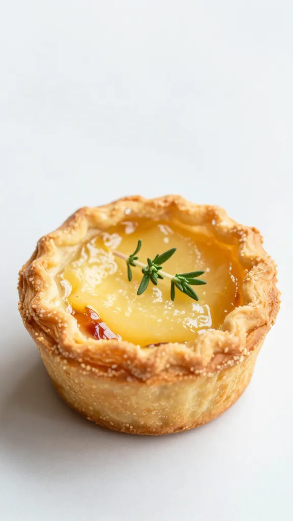 pastry bite topped with thyme leaf, close crop