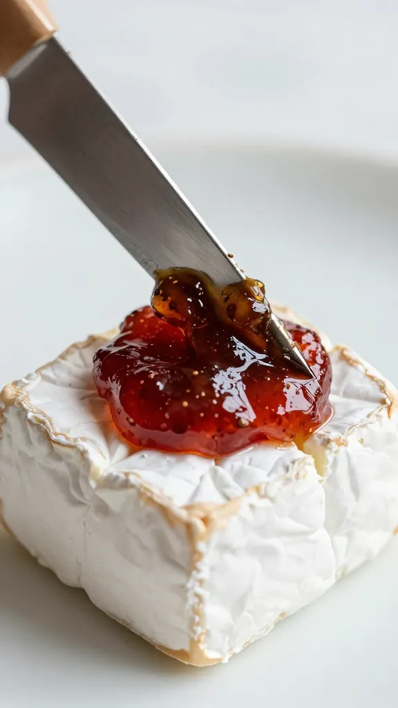 knife spreading fig jam onto brie cube, closeup