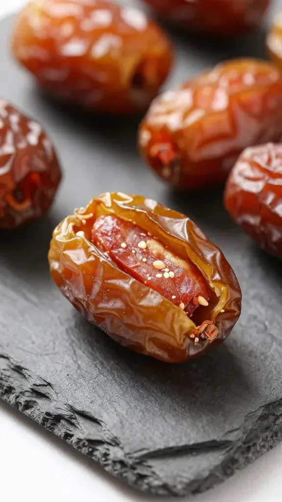 closeup of chorizo-stuffed Medjool date on slate board