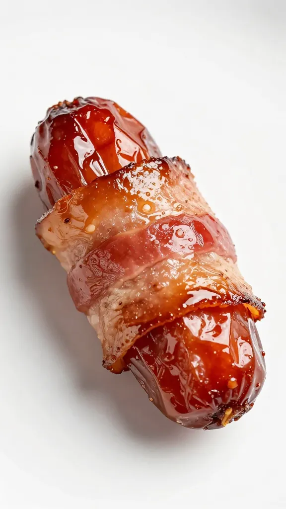 single bacon-wrapped chorizo-stuffed date, glossy glaze