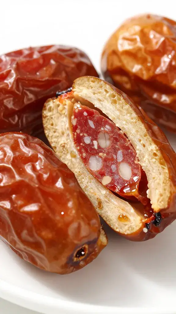 split Medjool date with chorizo filling, macro shot