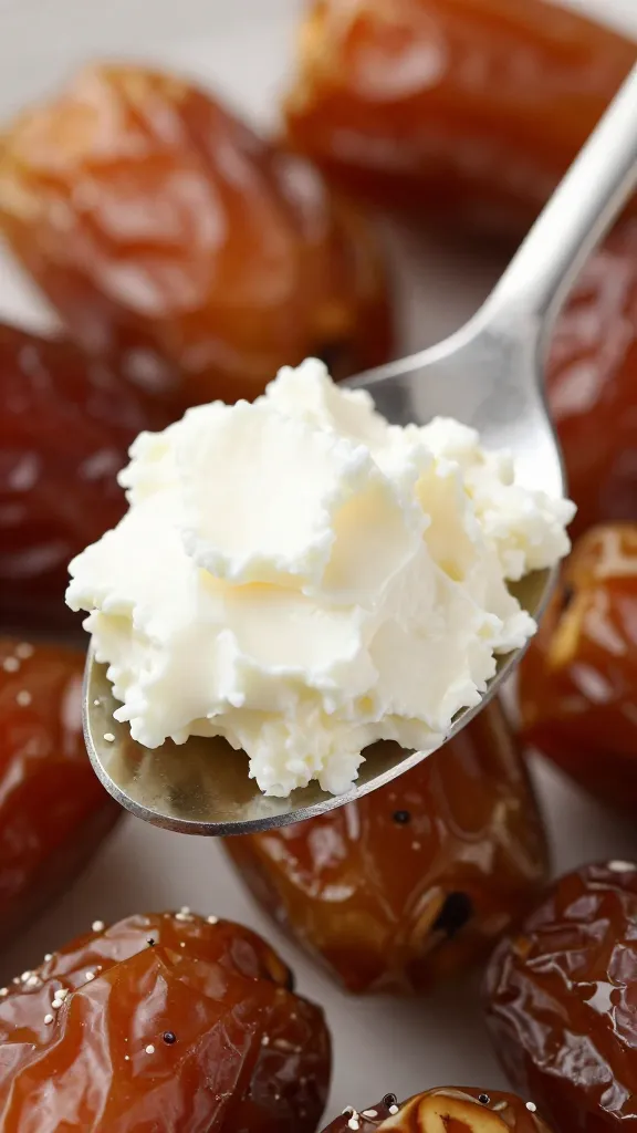 spoonful of creamy cheese for stuffed dates, closeup