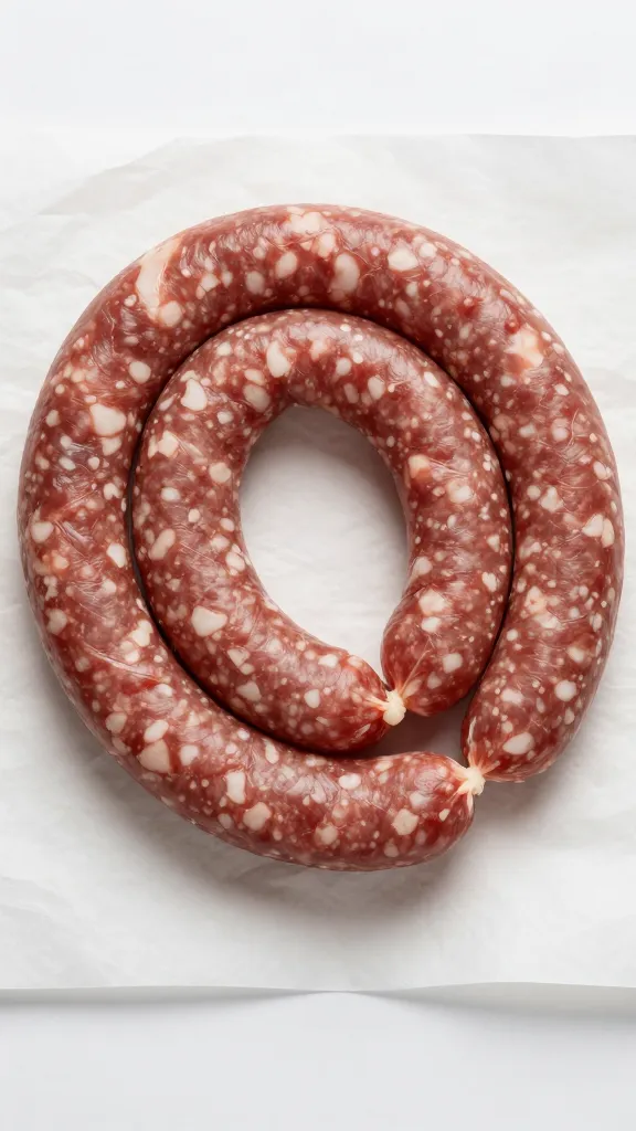 Spanish chorizo coil, raw, on butcher paper