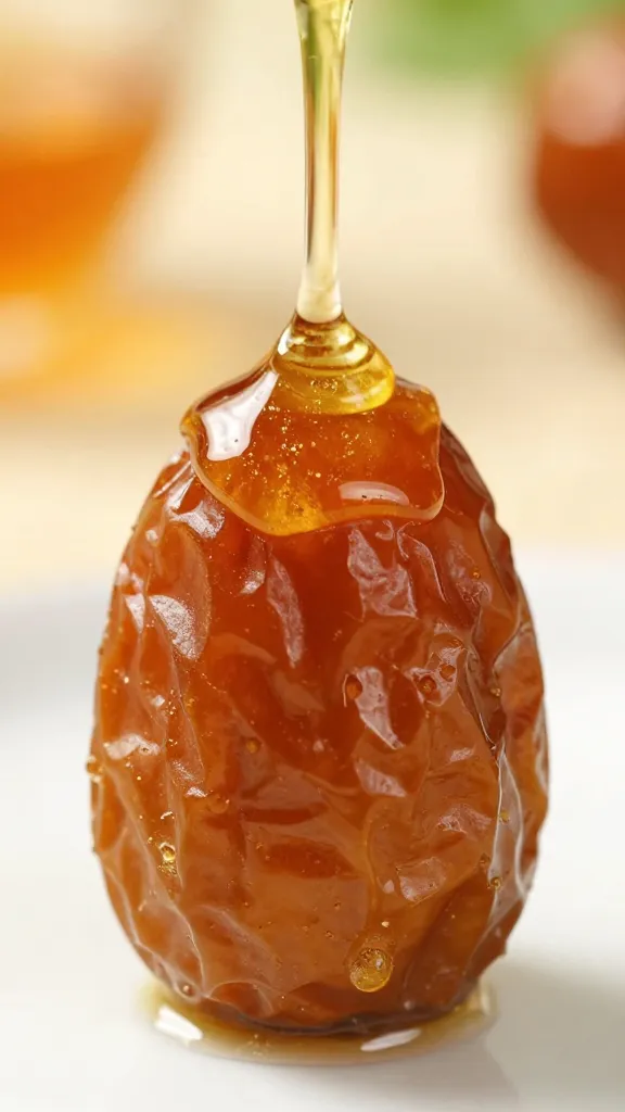drizzle of honey over single stuffed date, closeup