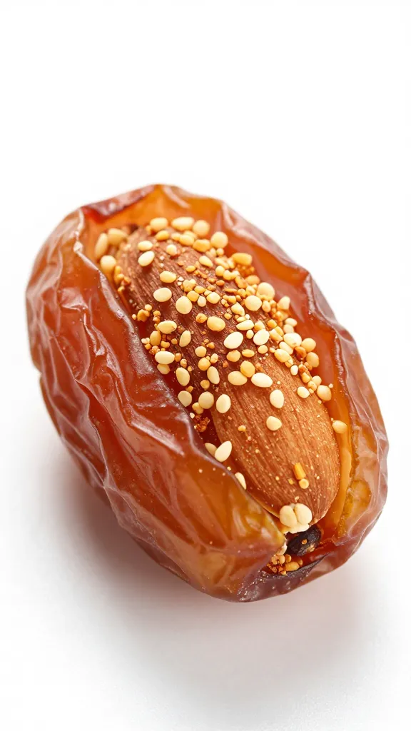 toasted almond topping on one stuffed date, macro
