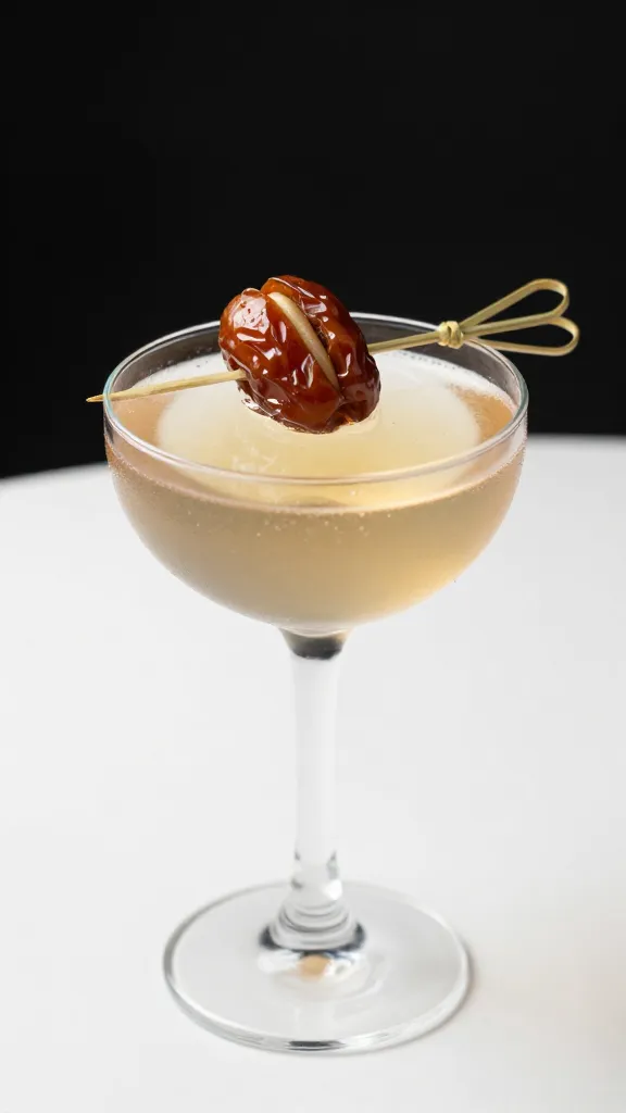 single cocktail pick skewering stuffed date, white plate