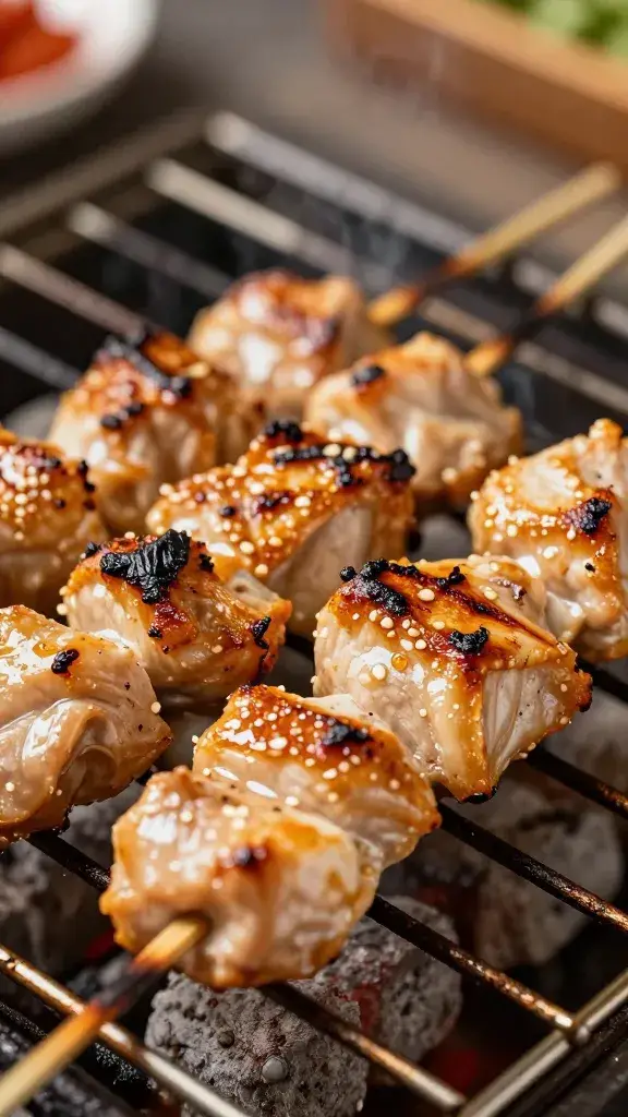 closeup of grilled chicken souvlaki skewer on charcoal grate
