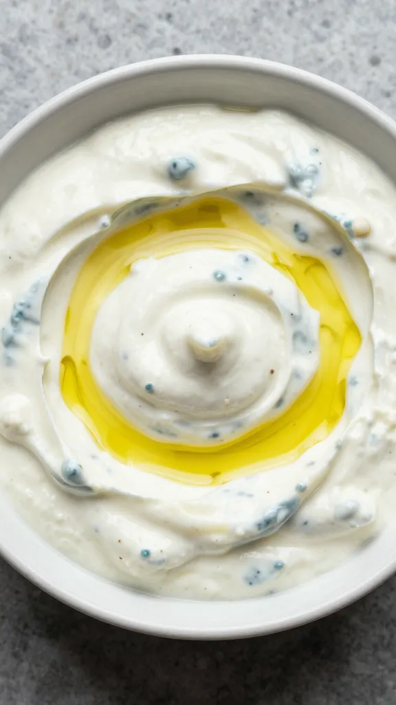 bowl of thick tzatziki with olive oil swirl