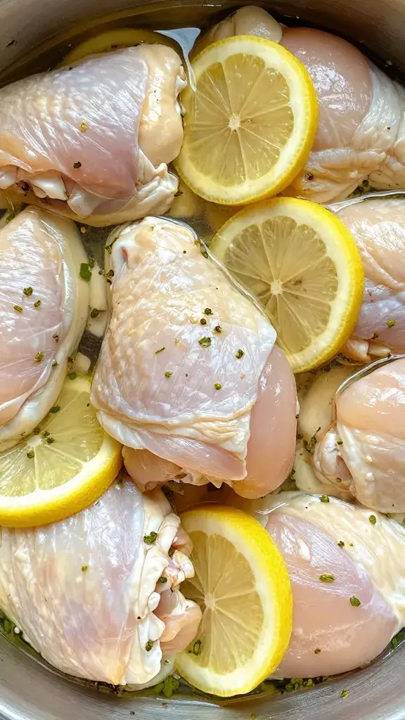 raw chicken thigh cubes in lemon-herb marinade
