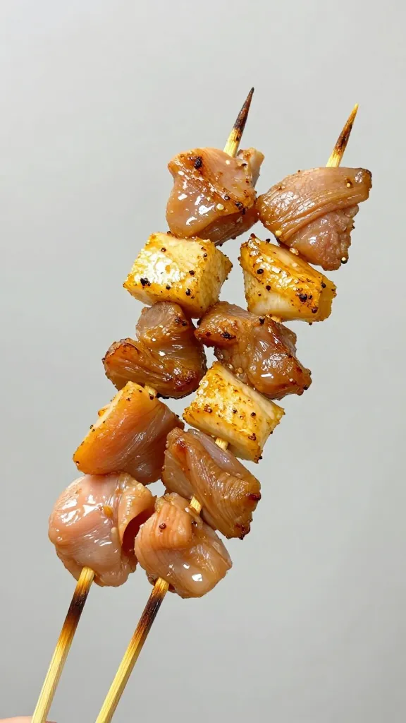 wooden skewer threaded with seasoned chicken cubes