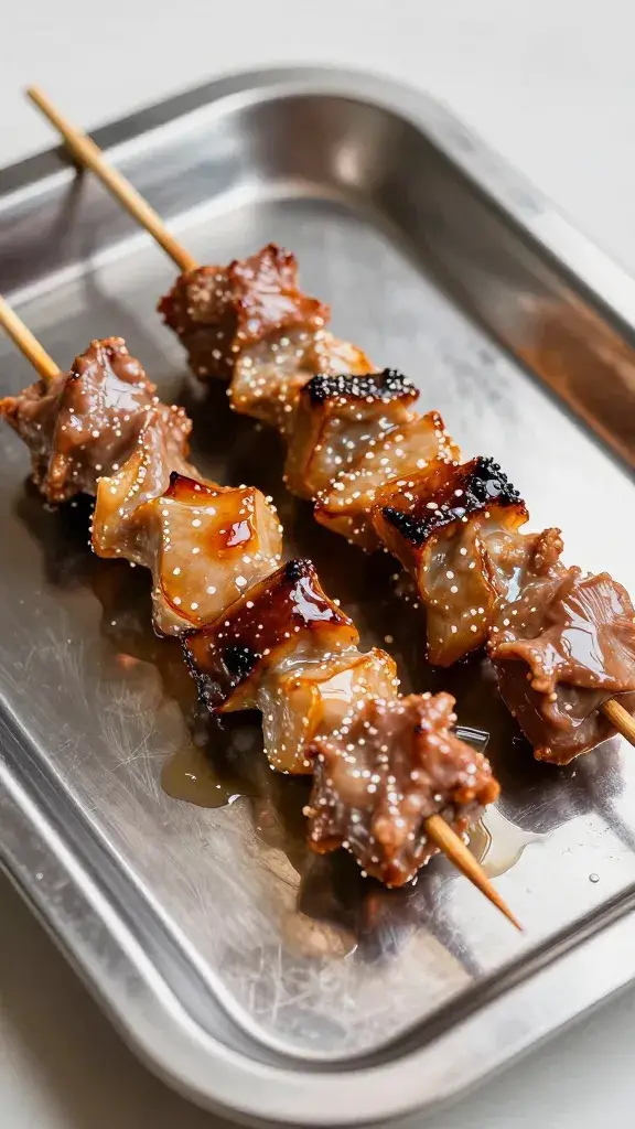 stainless tray of resting souvlaki skewer, juices glistening