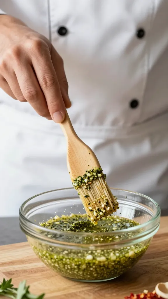 chef’s hand brushing skewer with garlic-oregano basting