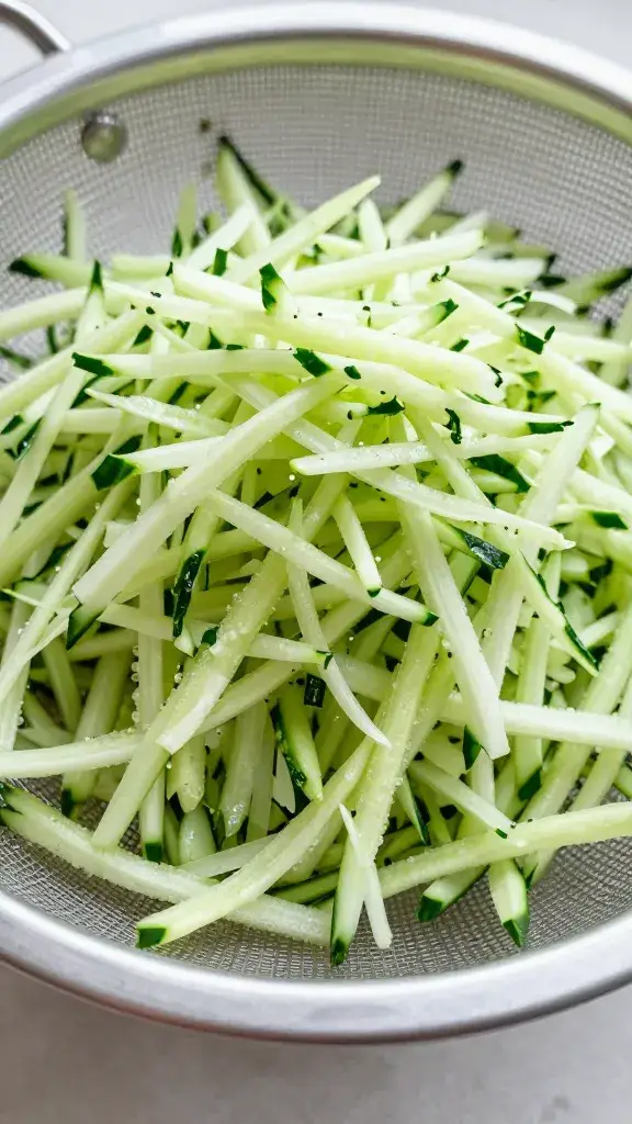 mound of finely grated cucumber draining in sieve