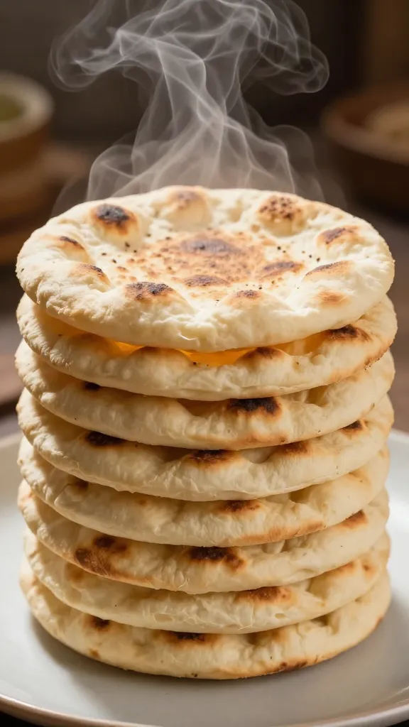 small stack of parchment-wrapped pitas, steam visible
