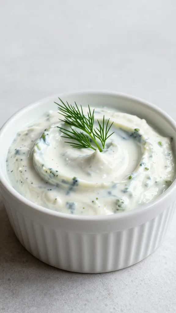 single ramekin of tzatziki topped with dill sprig