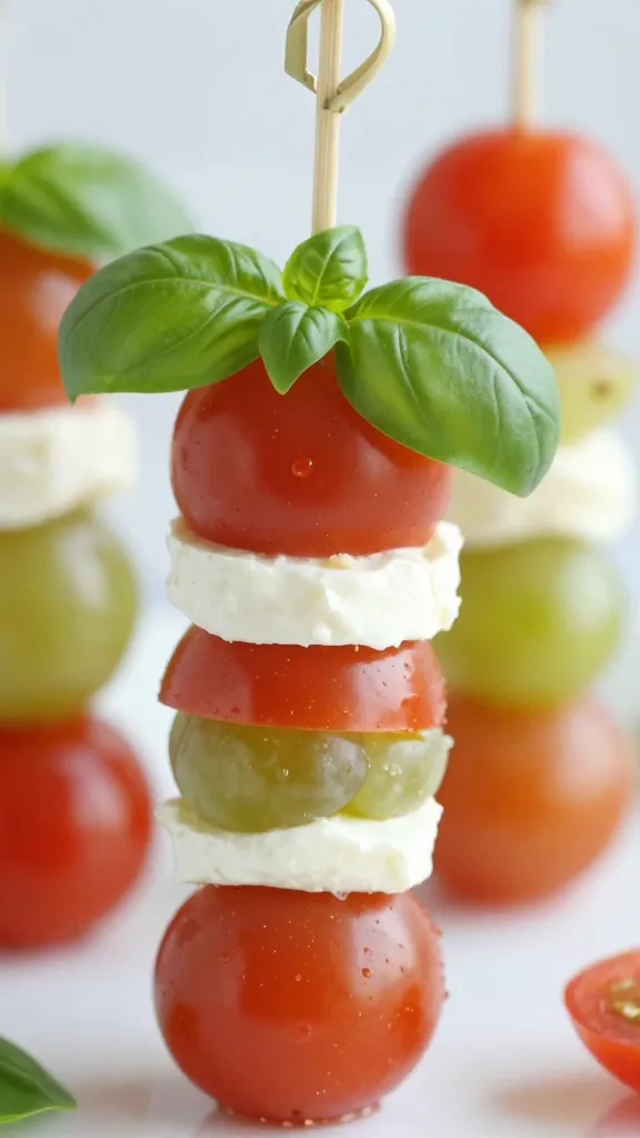 closeup caprese skewer with grape tomato and basil leaf