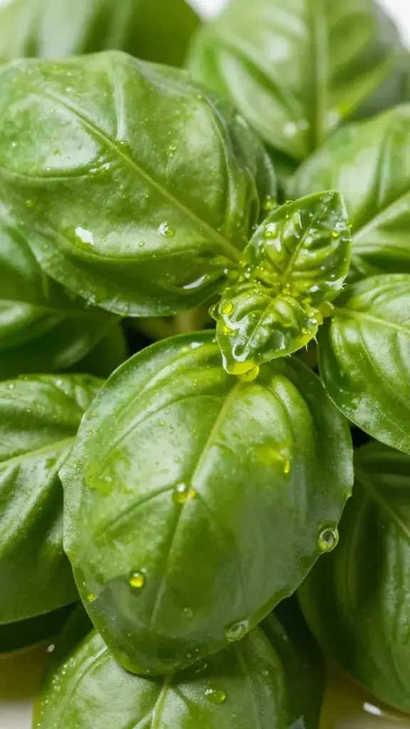 basil leaf coated in olive oil, macro detail
