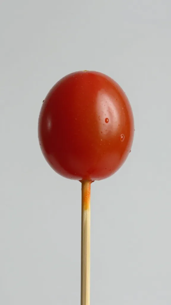 bamboo cocktail skewer tip piercing cherry tomato, macro