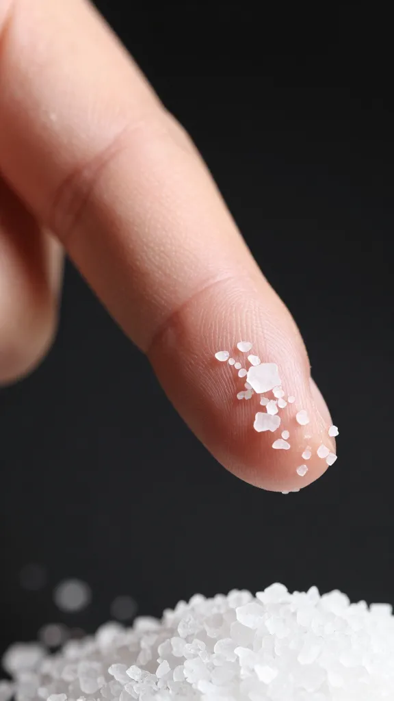 pinch of kosher salt crystals on fingertip, macro