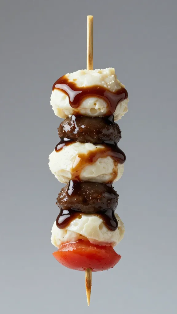 single caprese skewer drizzled with balsamic glaze, studio light