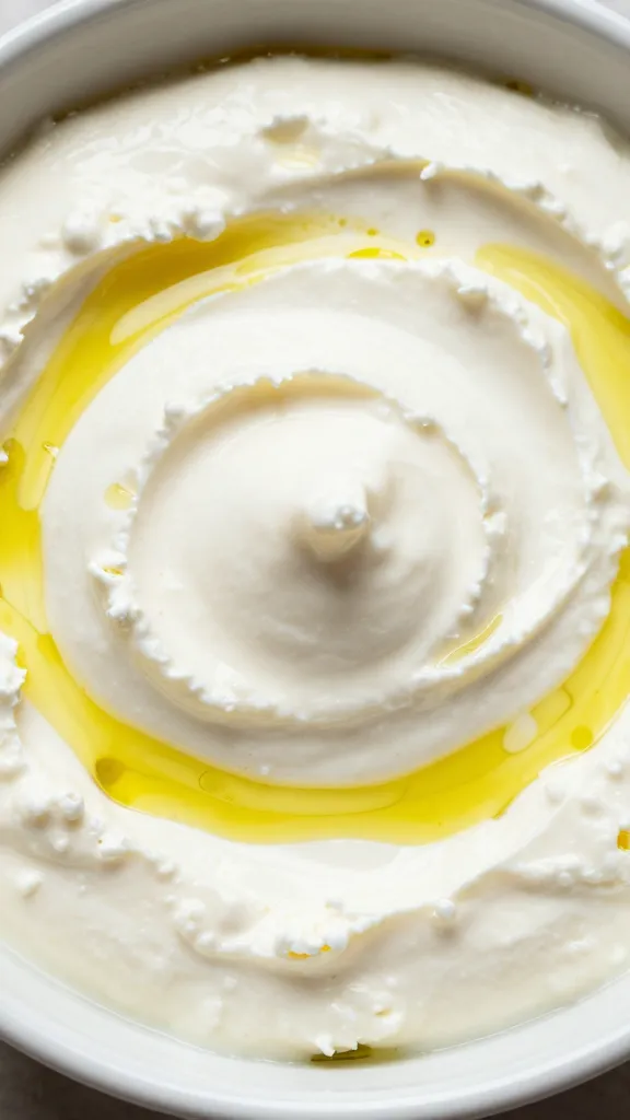 closeup bowl of whipped feta dip with olive oil swirls