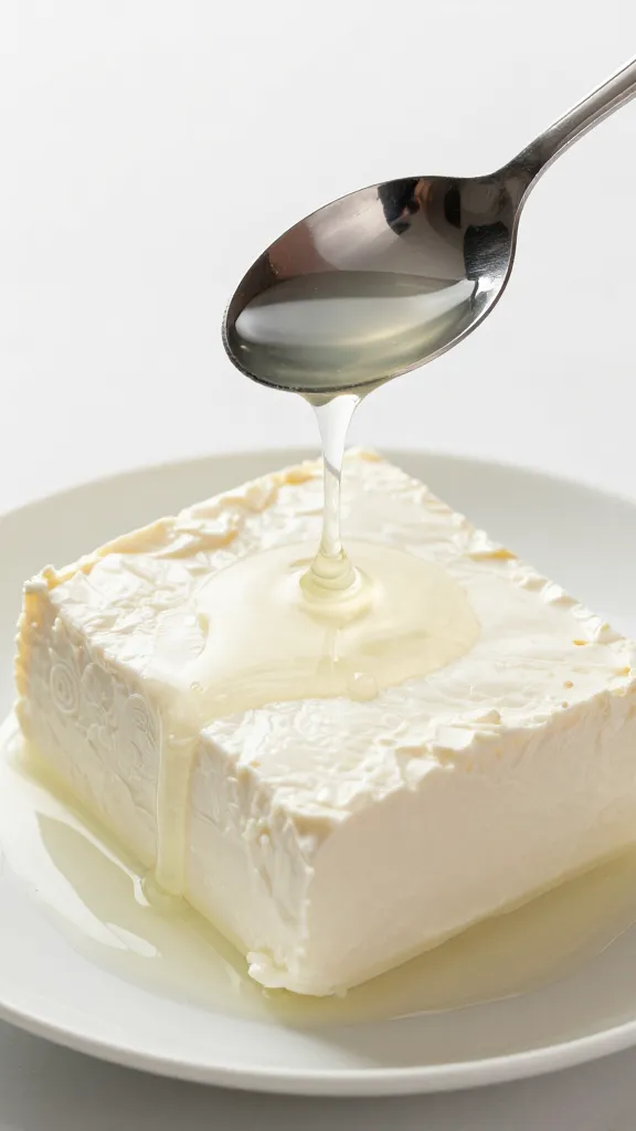 single Greek feta block in brine, spoon dripping