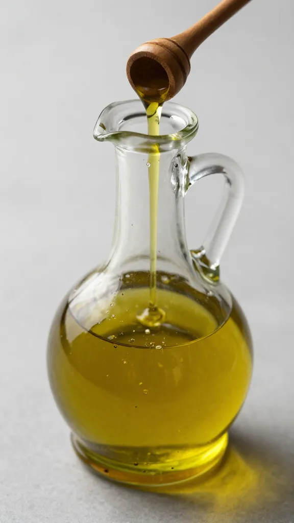 drizzle of golden olive oil from glass cruet