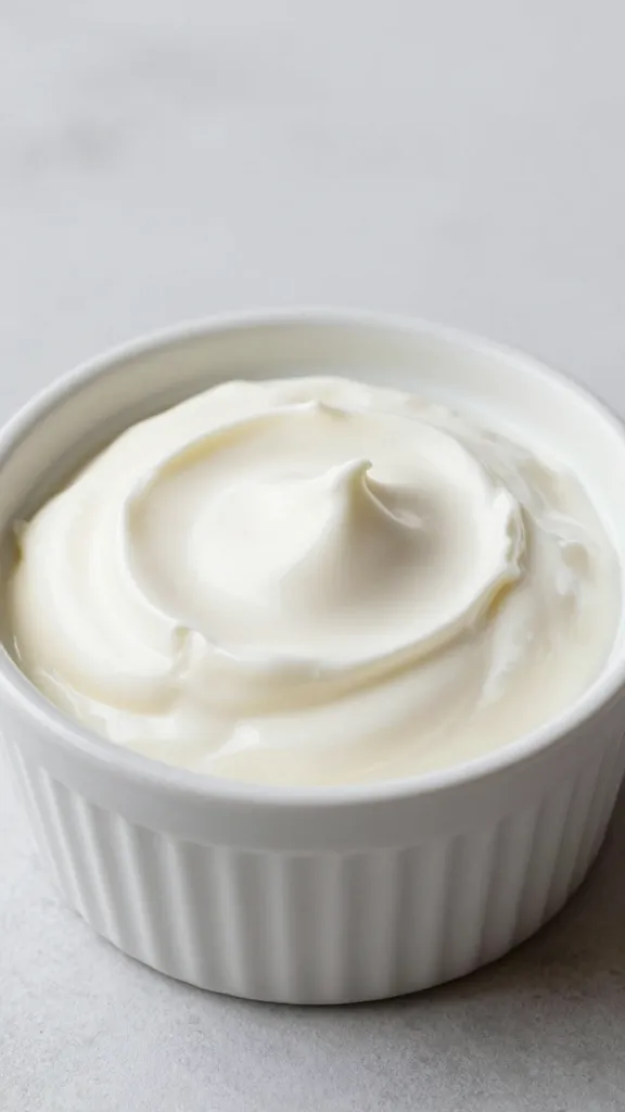 Greek yogurt dollop in white ramekin, smooth peak