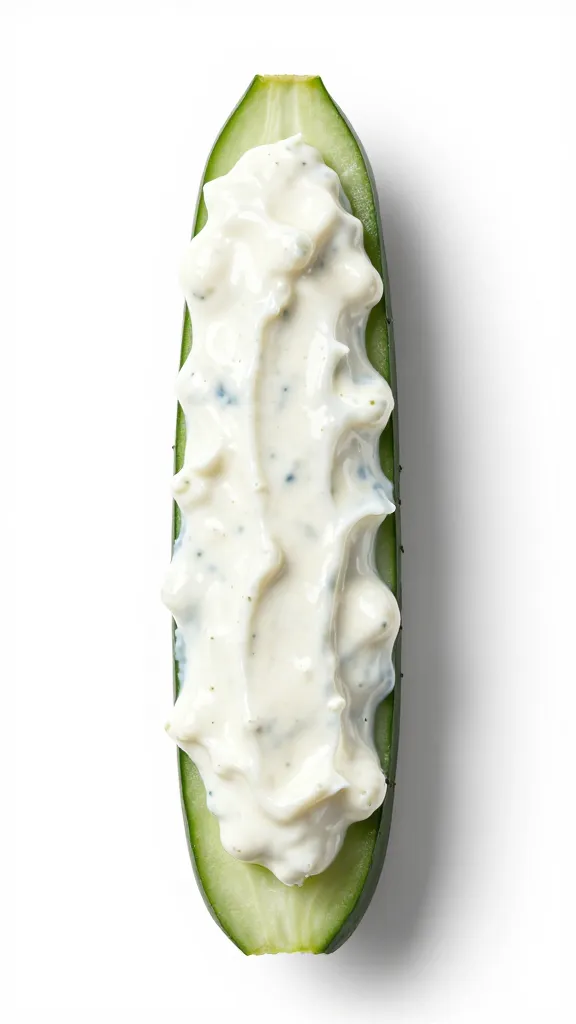 single cucumber spear coated in whipped feta dip