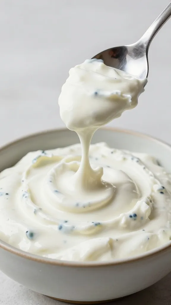 spoonful of thick tzatziki hovering over bowl