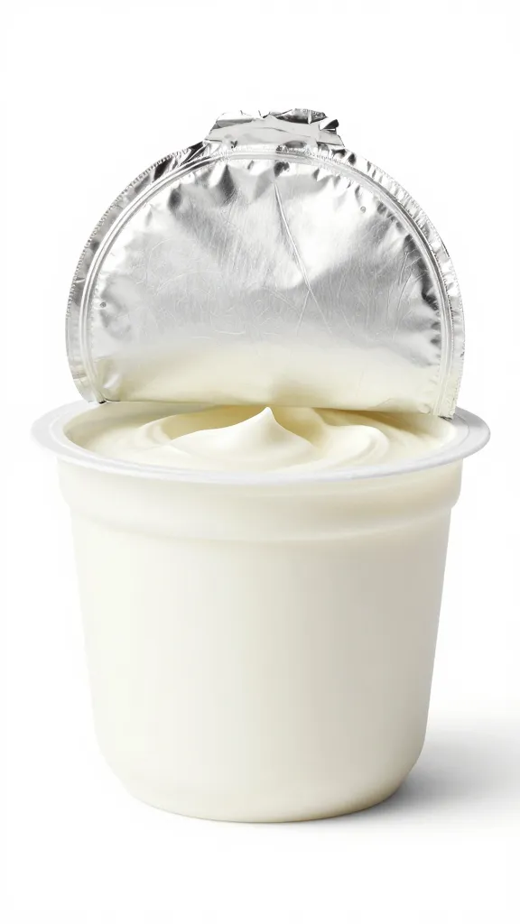full-fat Greek yogurt tub with open foil lid