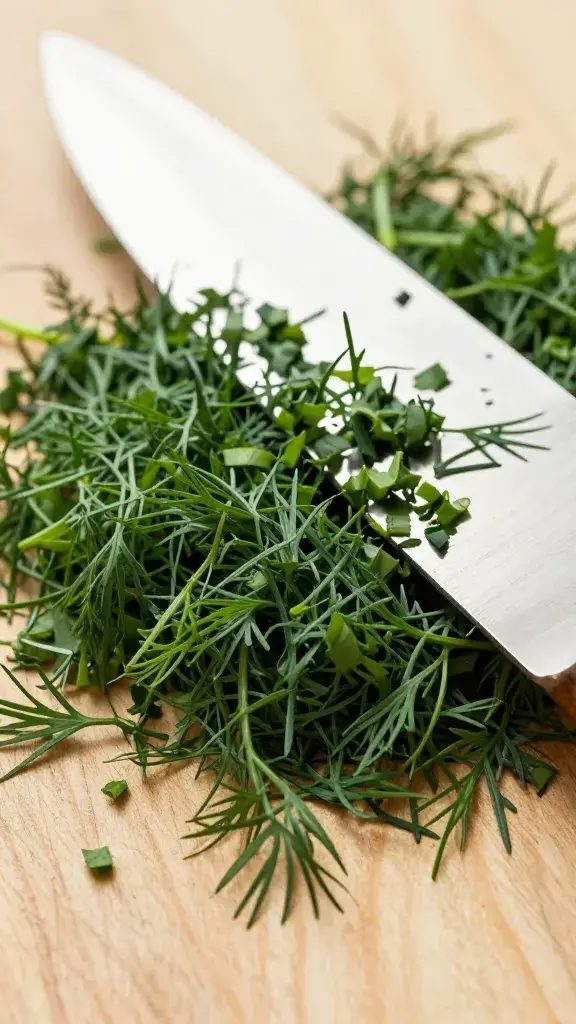 fresh dill fronds finely chopped on chef’s knife