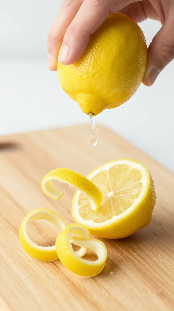 lemon being zested, curls falling onto board