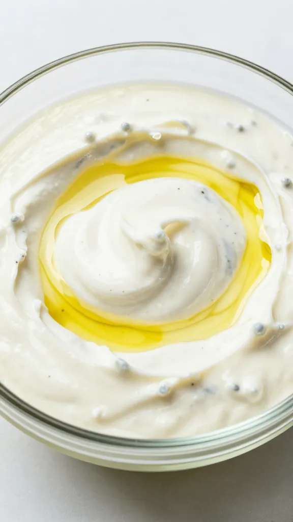 chilled glass bowl of tzatziki with olive oil swirl