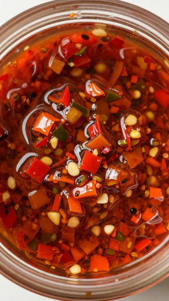 Closeup jar of smoky red chimichurri, overhead