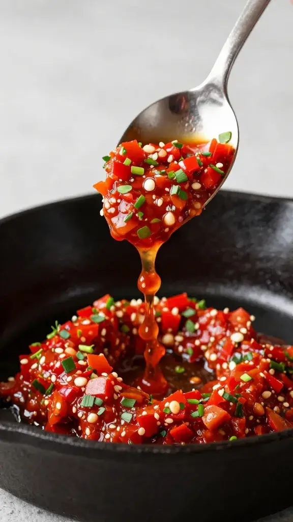 Spoon dripping red chimichurri over cast-iron pan