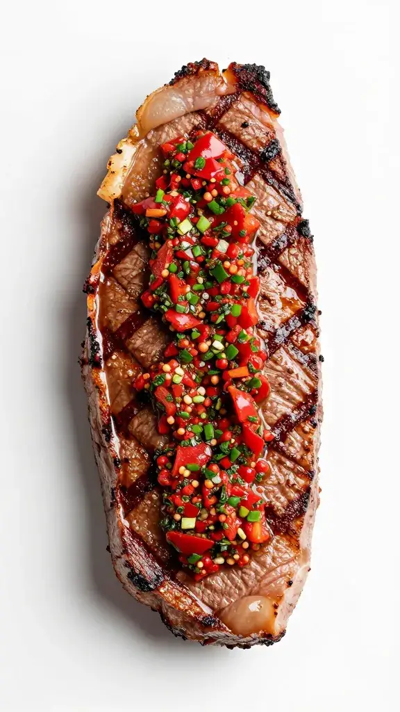 Single grilled steak slice with red chimichurri glaze
