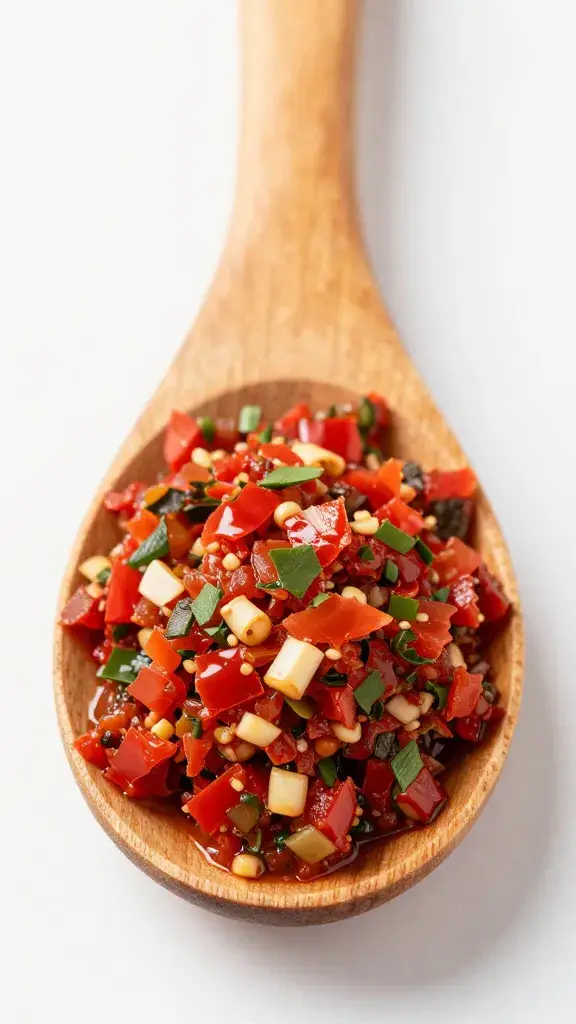 Wooden spoon heaped with red chimichurri, macro