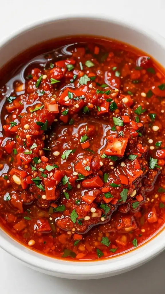 Bowl of red chimichurri with visible parsley flecks