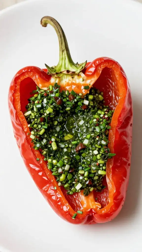 Single roasted red pepper coated in chimichurri