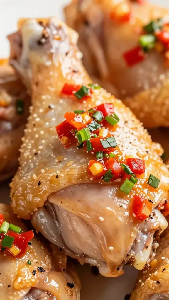 Closeup chicken thigh brushed with red chimichurri